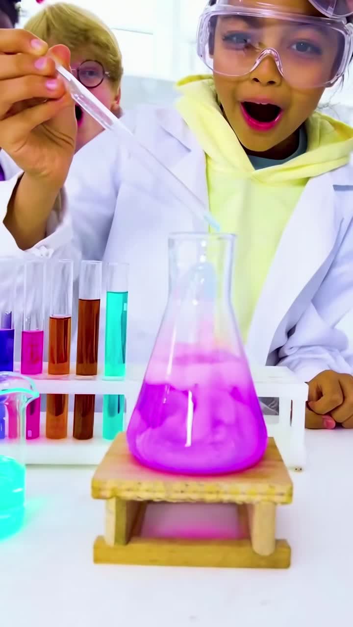 High-angle video of kids in lab coats conducting colorful experiments with test tubes