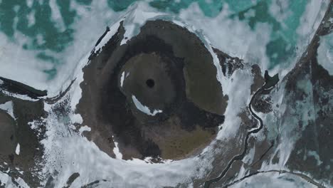 Volcanic-Crater-on-Lake-Myvatn-in-Iceland---Aerial-Top-Down-Bird's-Eye-View