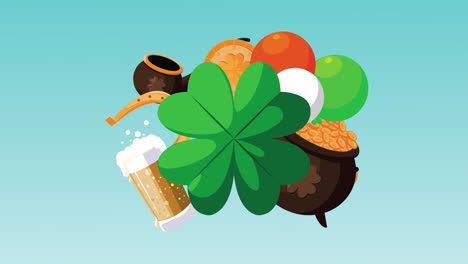 feliz día de san patricio animación con trébol y establecer iconos