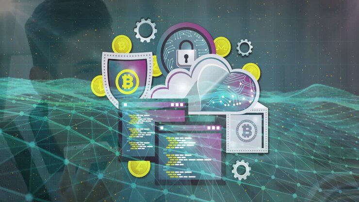 seated man working on laptop in office, overlaying blockchain shield padlock cloud security visuals
