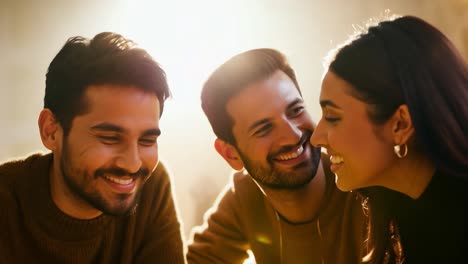 tres amigos riendo y disfrutando de la compañía del otro.