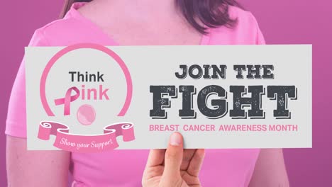animation of breast cancer awareness text over caucasian woman