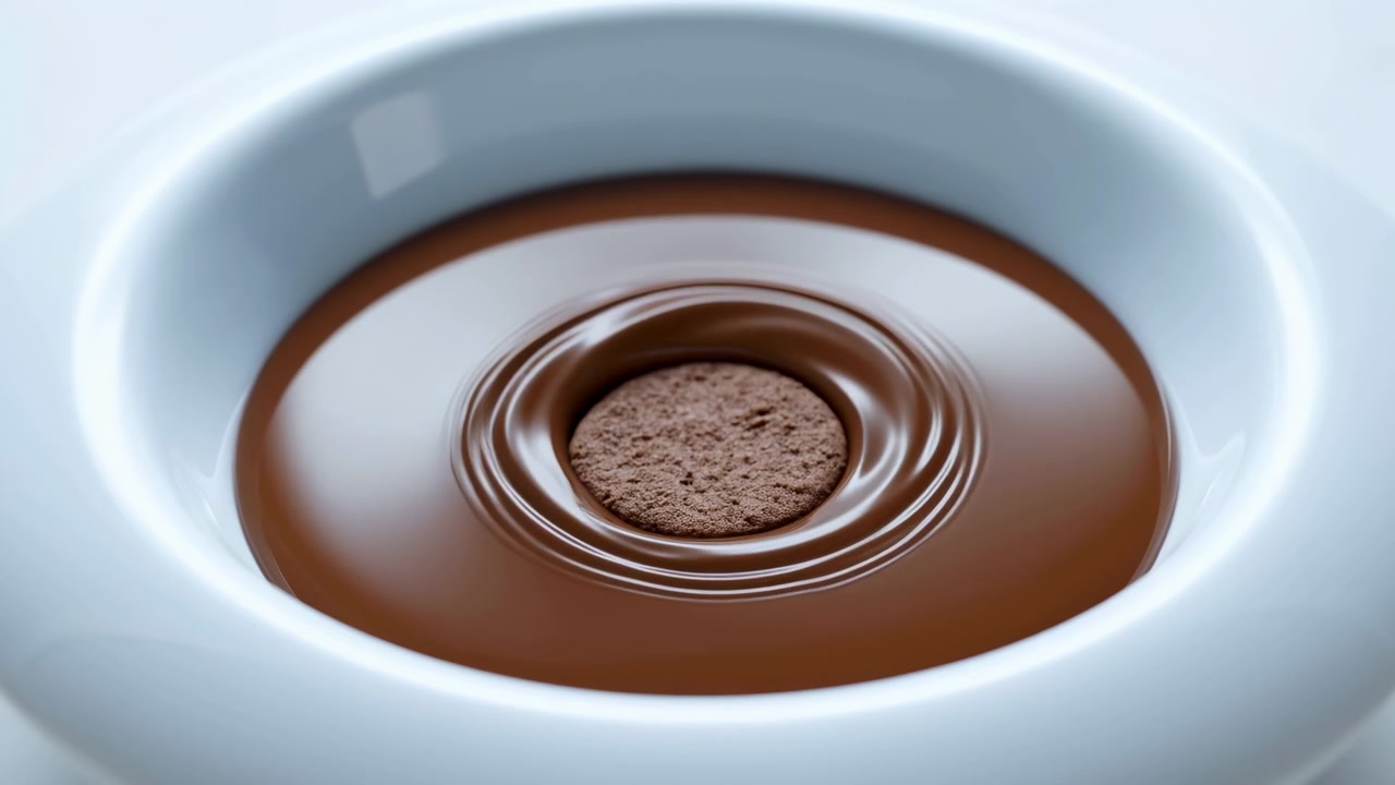 Biscotto al cioccolato che affonda in un caffè scuro lucido all'interno di una tazza di porcellana bianca, creando increspature concentriche, una leggera distorsione della superficie, toni marroni caldi, riflessi tenui e cibo appetitoso e centrato.