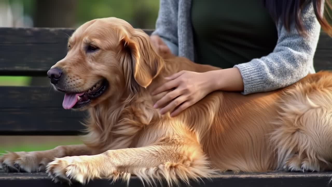 A serene moment of companionship as a golden retriever relaxes on a bench, comfortably nestled beside its owner, showcasing the bond between pets and humans