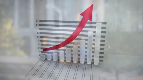 animación del procesamiento de datos financieros con flecha roja sobre la ciudad.