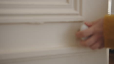 close up shot of a female hands opening door by holding handle of the door inside a house