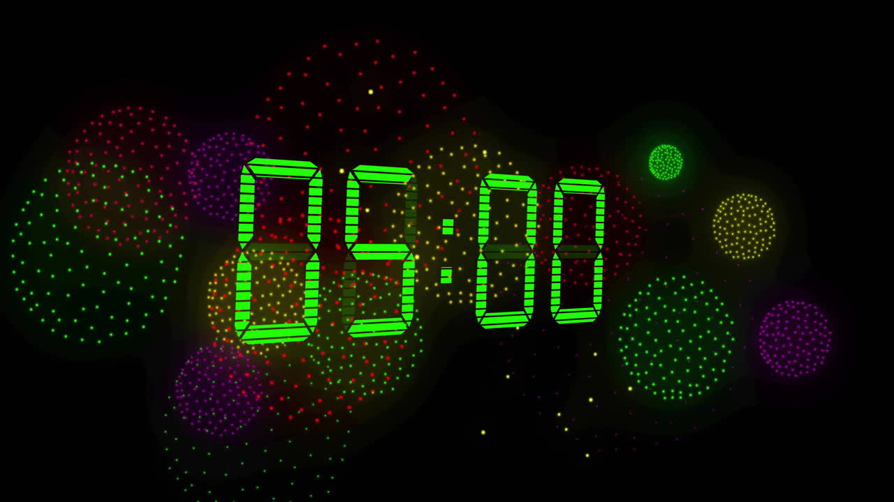 Animation of digital clock counting down to midnight with fireworks on black background