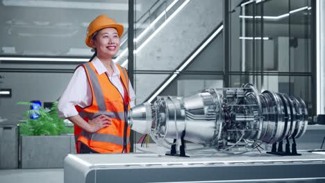woman engineer examining jet engine in modern facility