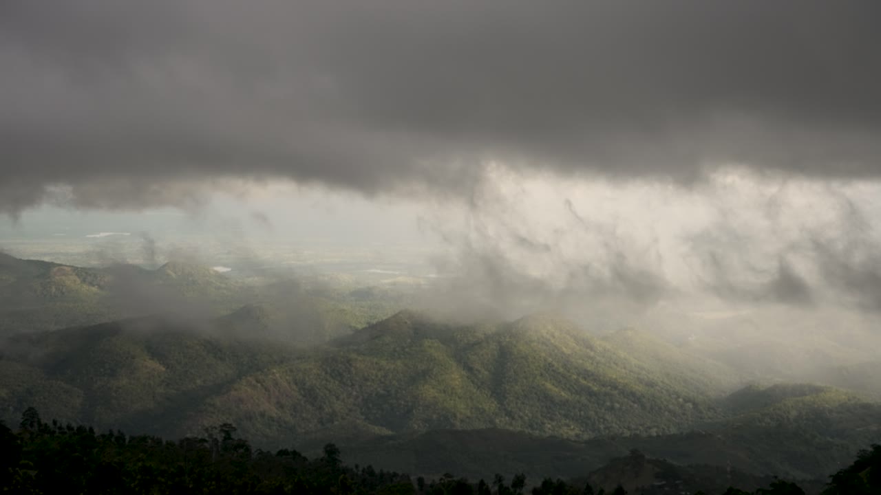 어두운 구름 아래의 멋진 숲 속 계곡은 신비롭고 조용한 분위기를 만니다.