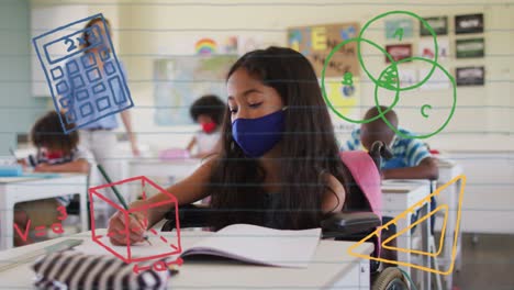 animación de elementos escolares iconos que se mueven sobre una escolar que lleva una máscara facial