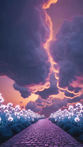 ethereal path with glowing flowers under a dramatic sunset sky
