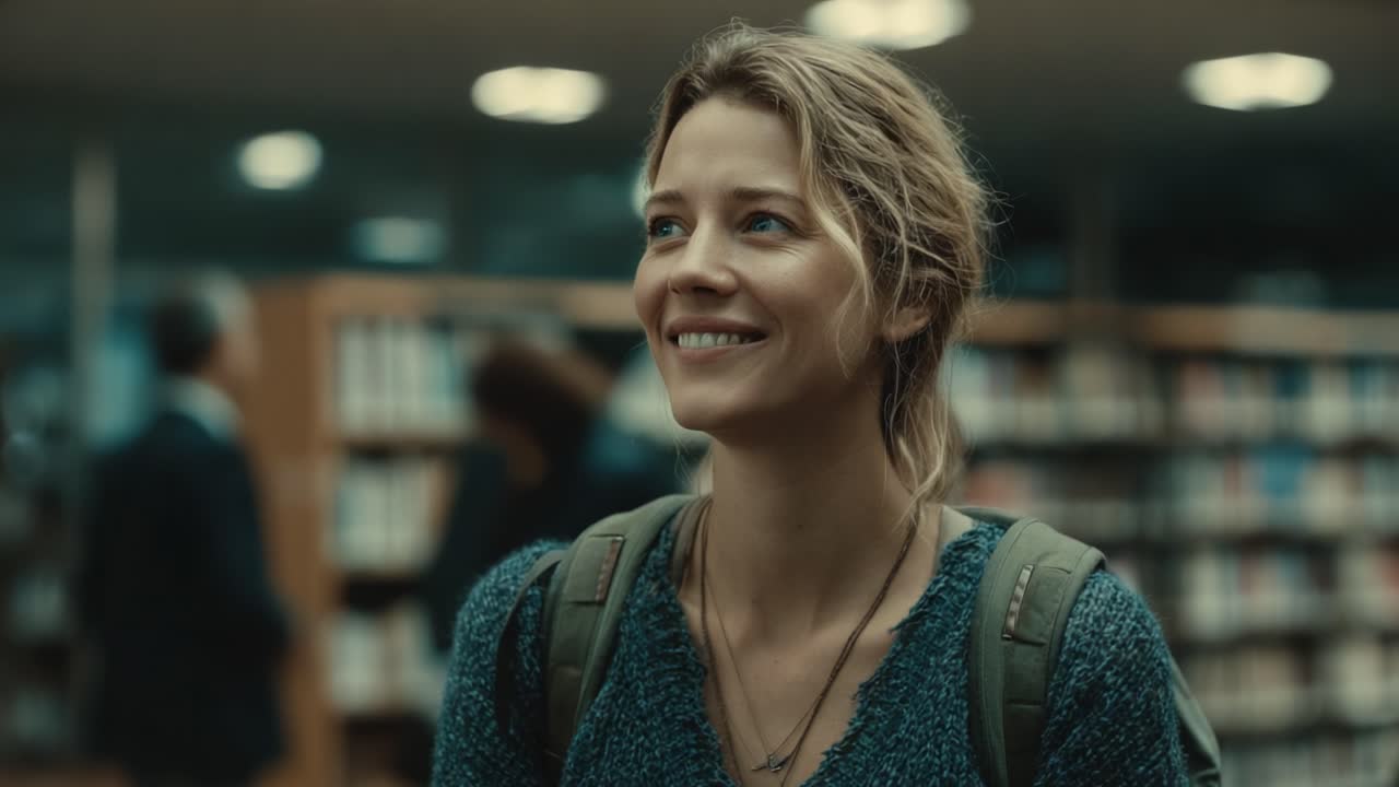 Un momento di gioia coinvolgente in una biblioteca: un'espressione di felicità e curiosità tra i libri e l'atmosfera, con una splendida illuminazione cinematografica