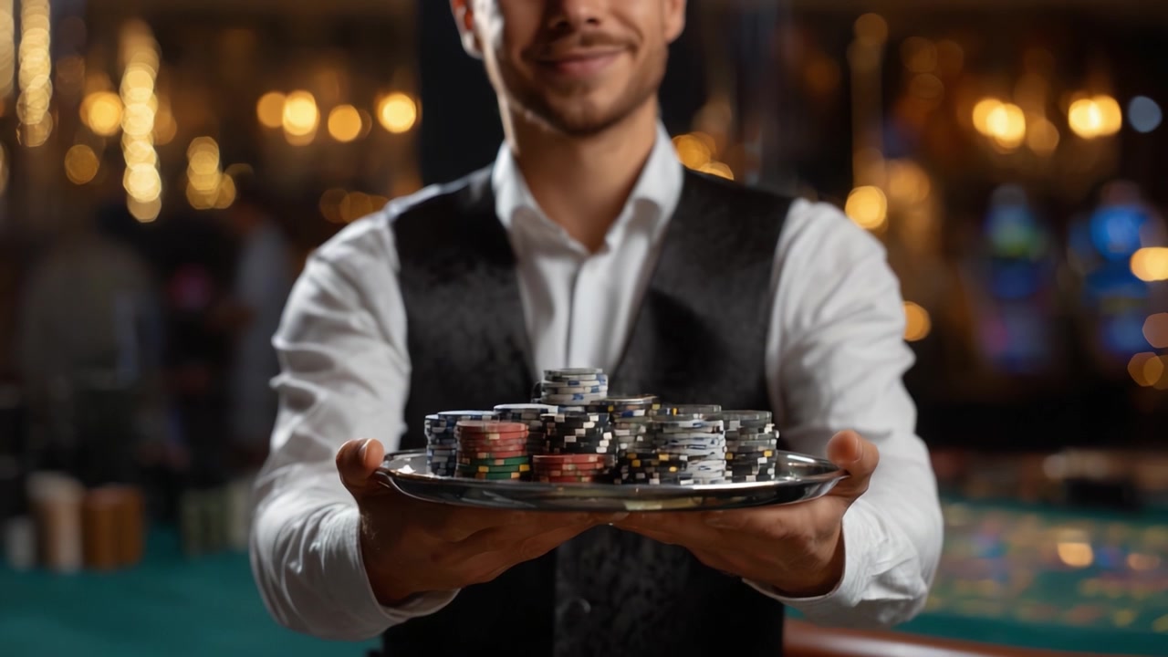 Un croupier sicuro di sé serve un vassoio pieno di fiches da casinò colorate, mostrando l'eccitazione del gioco d'azzardo in una vivace atmosfera da casinò illuminata da luci brillanti