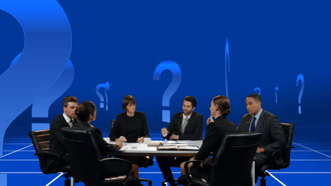 business people in a meeting and question marks