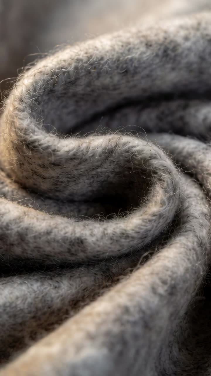 Vertical video: Camera pulling back and refocusing on grey woolen spiral on table, revealing pleats