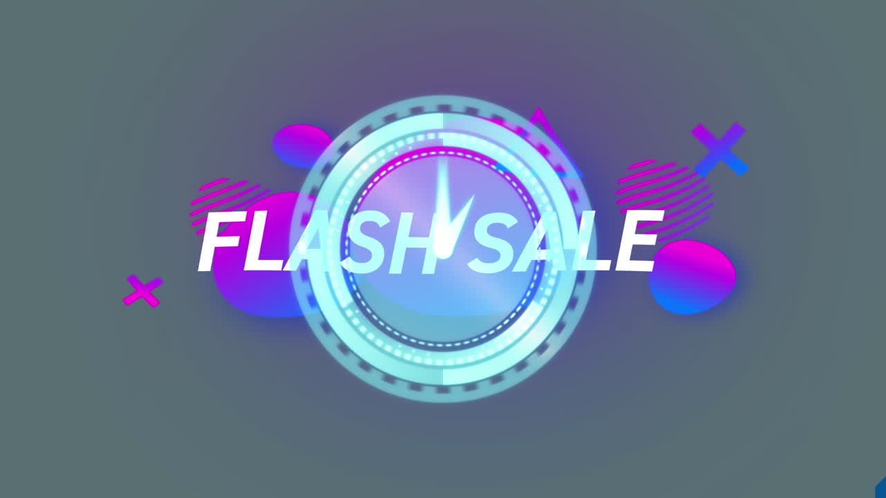 Animazione di un banner testuale di vendita flash e di un orologio al neon che ticchetta su forme sfumate su sfondo grigio