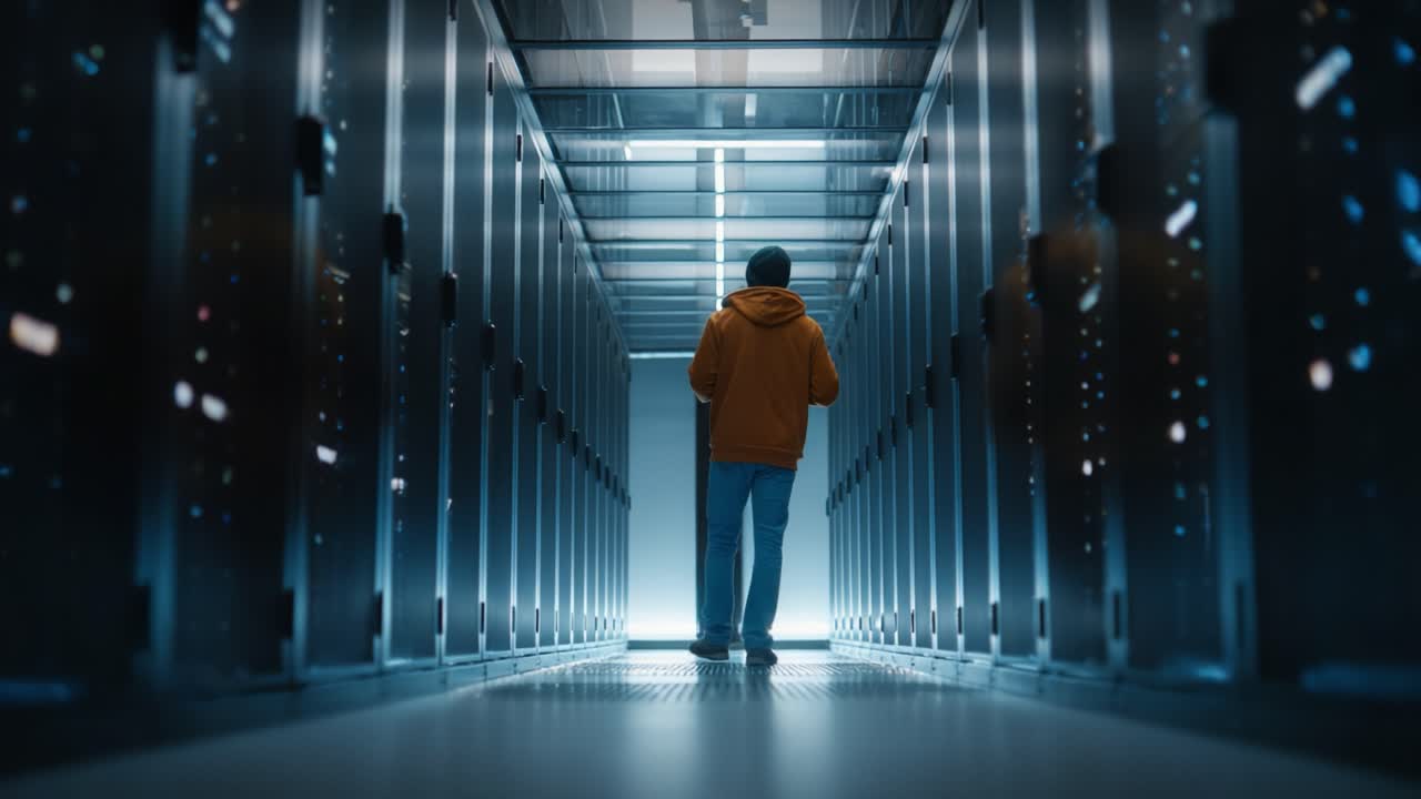 A Data Center Technician Navigating Through Rows of High-Performance Servers in a Modern Facility, Highlighting the Technological Infrastructure and Operations at Play