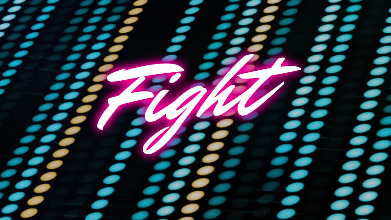 Animation of neon fight text banner over neon dots pattern against black background