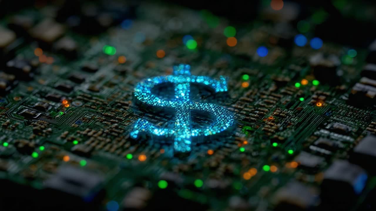 Electronics and Finance Intersect: A Visual Representation of Digital Currency Symbol on a Circuit Board Signifying the Future of Money and Technology