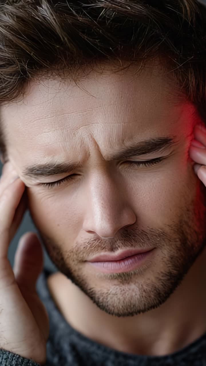 A Close-Up Look at a Man Experiencing Physical Discomfort and Tension, Conveying Emotions of Pain and Stress Through Expressive Facial Features
