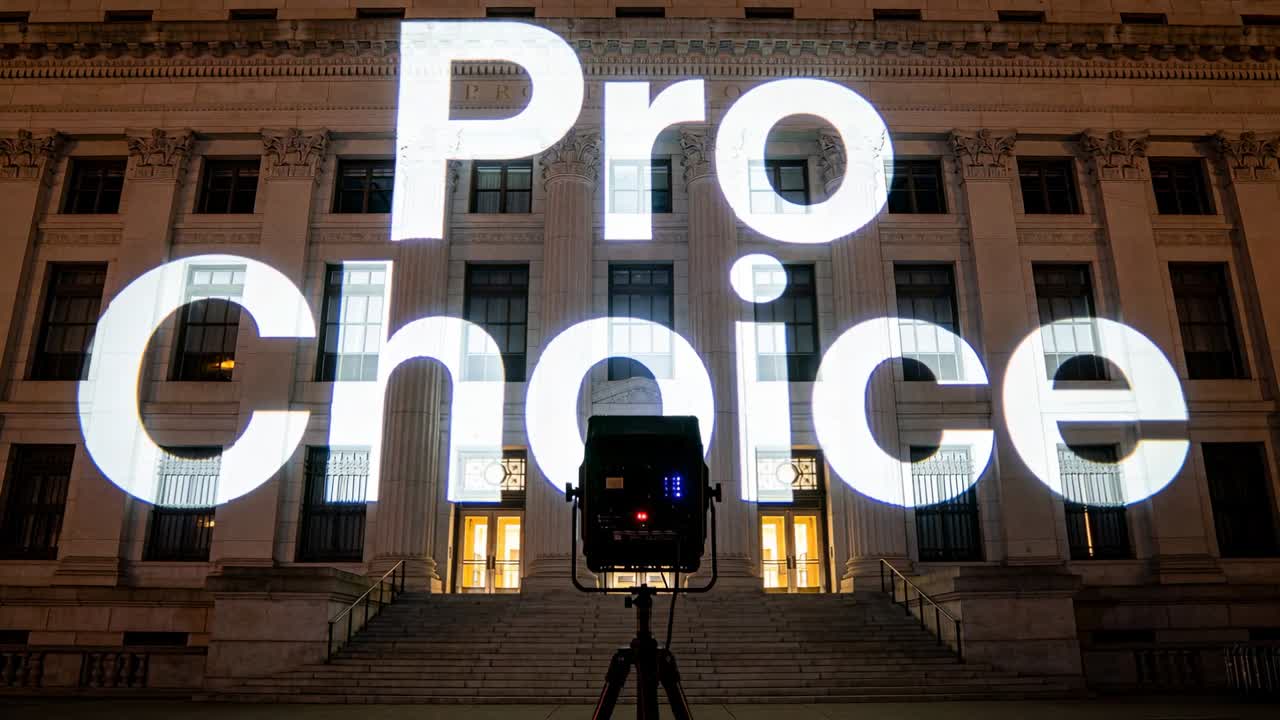 Accensione di un proiettore su treppiede che proietta "Pro Choice" su una facciata in pietra di notte, a sostegno dei diritti