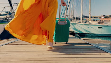 travel, suitcase and yacht with shoes of woman