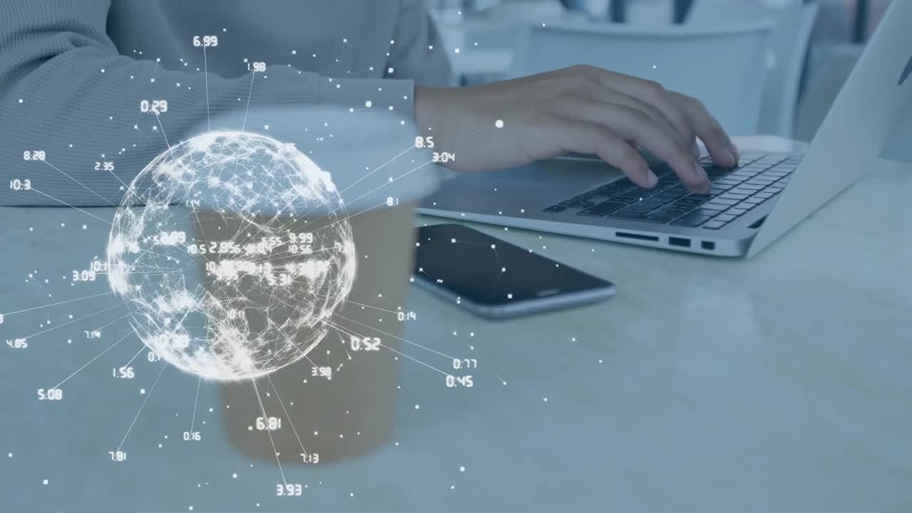 노트북과 스마트 폰을 사용하는 코카시안 남자에 대한 연결과 함께 지구촌의 애니메이션