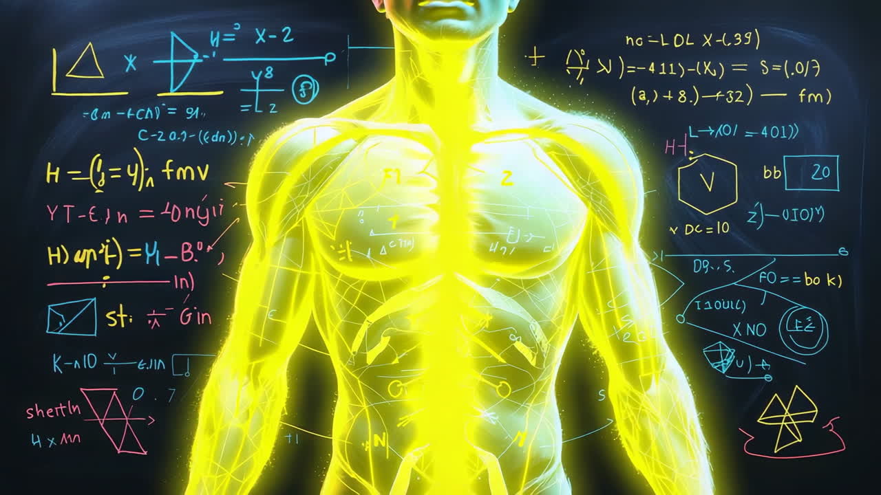 Glowing Human Anatomy with Scientific Formulas and Data