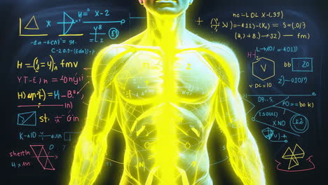 glowing human anatomy with scientific formulas and data