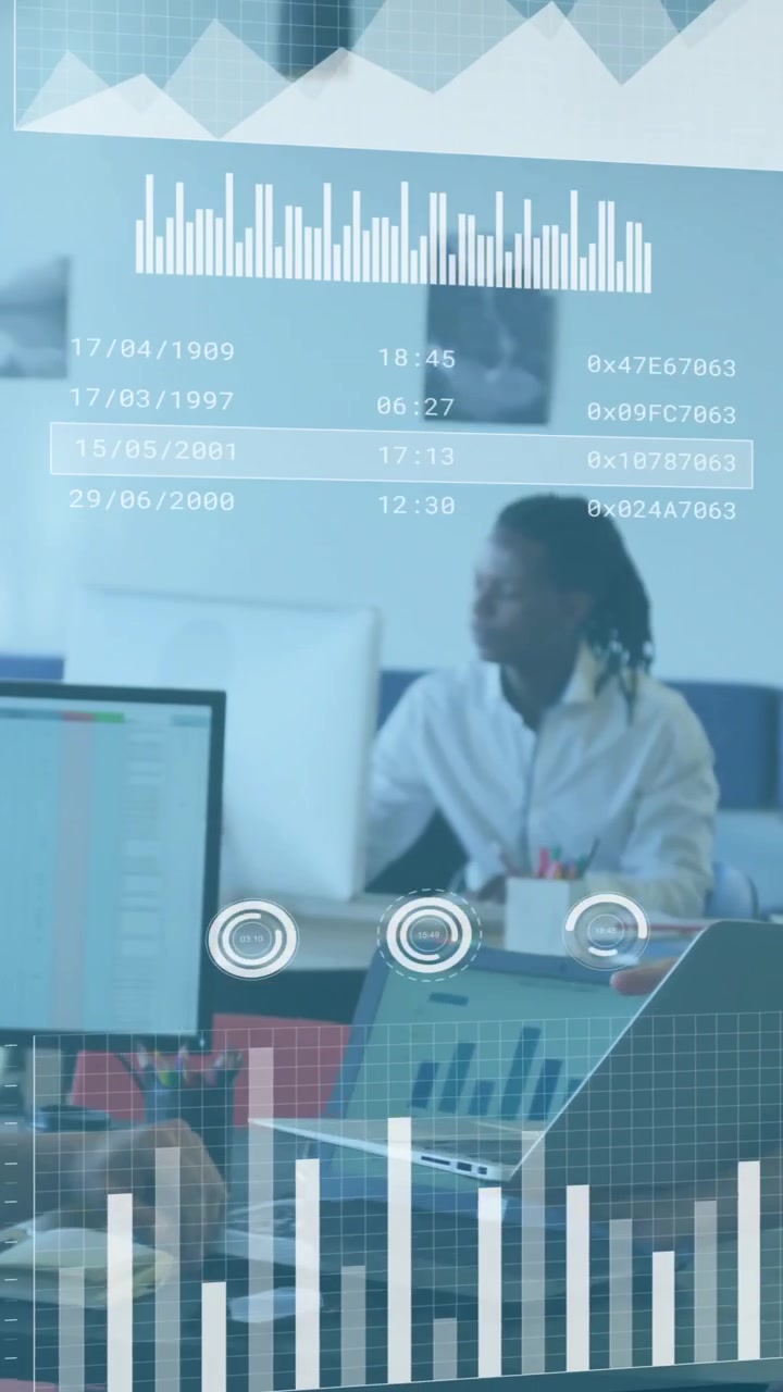 Business data analytics animation over coworkers collaborating in modern office