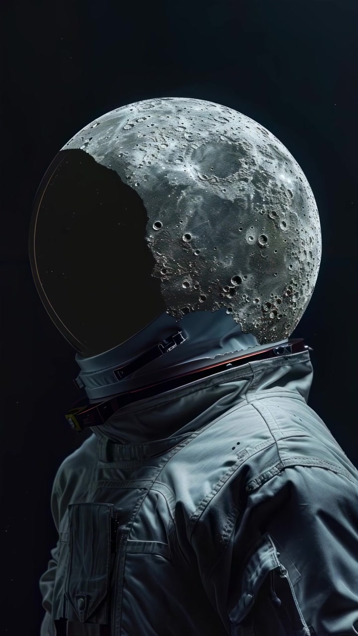 Astronaut med månen som hjelm i det mørke rum