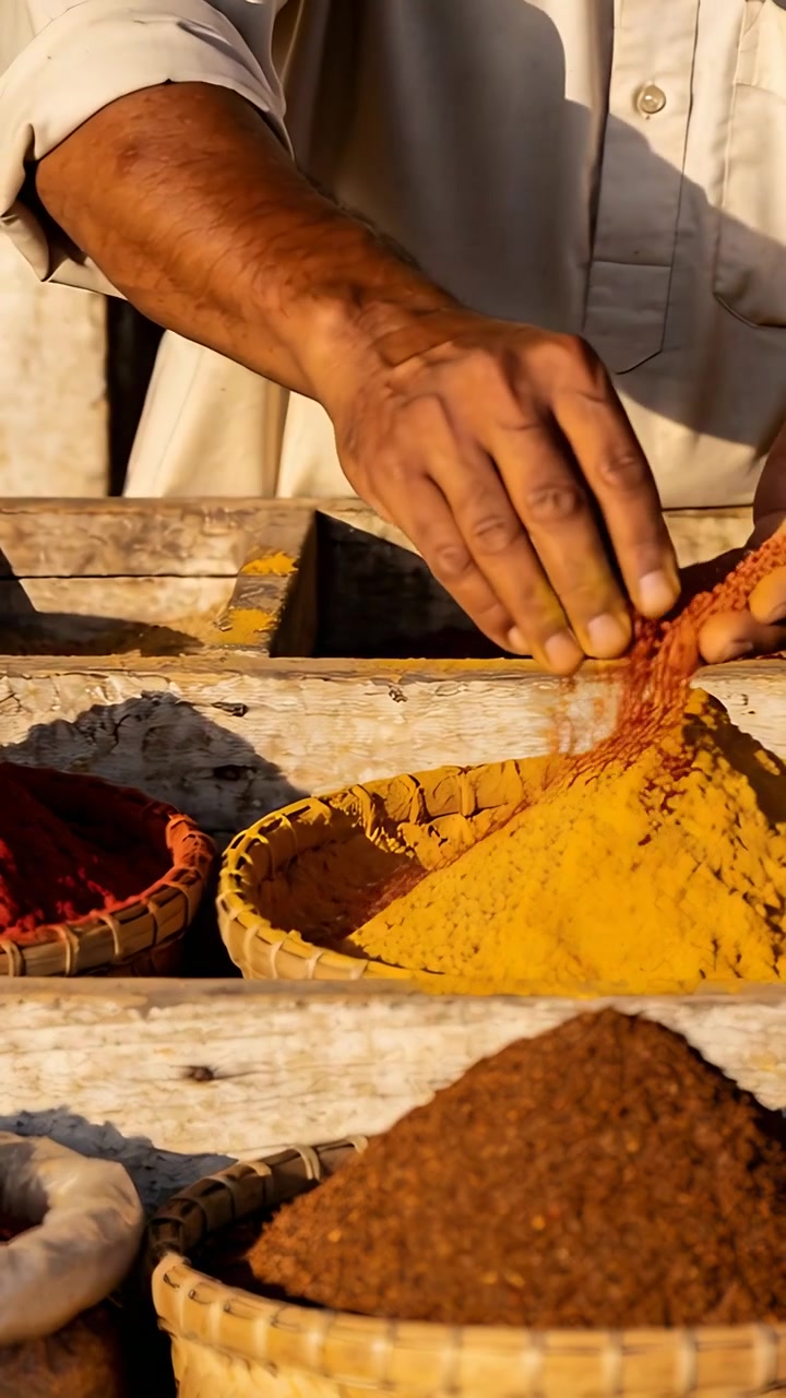 Vertical video: Scooping vendor rolled-sleeve layering turmeric sifting from pouch for market stall