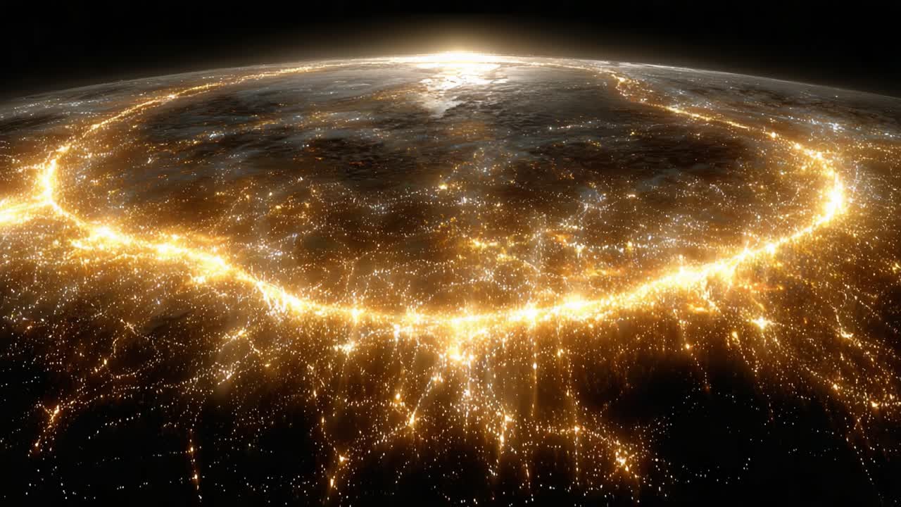 A Stunning View of a Glowing Horizon Beyond Earth: Capturing the Beauty of Nighttime City Lights Illuminating the Curvature of the Planet at Dawn