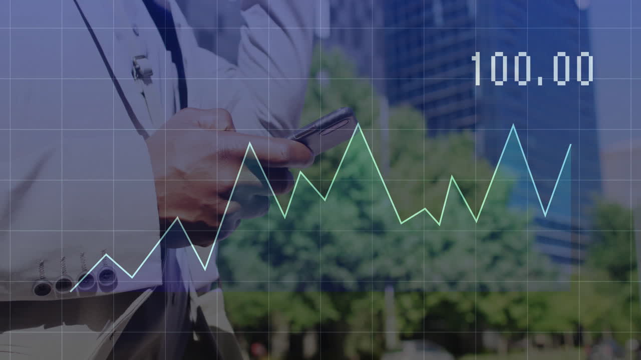 Business man using smartphone outdoors, showcasing finance line chart overlay with numeric label