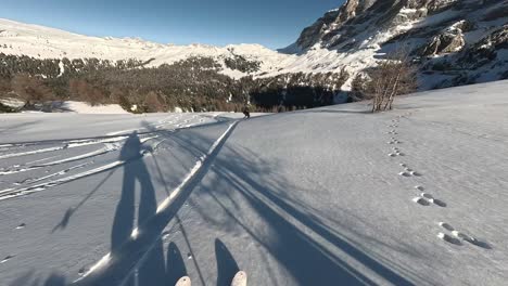 POV-Aufnahme-Eines-Skifahrers,-Der-Bei-Sonnenlicht-Am-Morgen-Schneebedeckte-Berge-Hinunterfährt