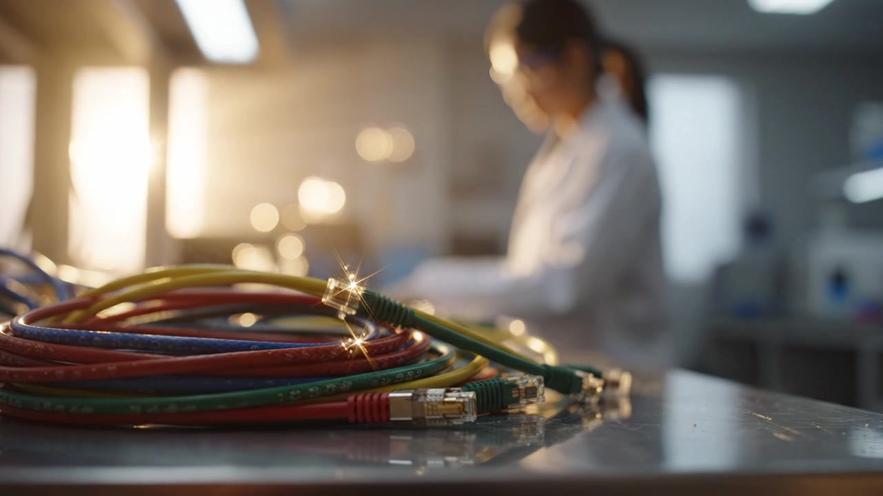 Scientist Working in Laboratory Surrounded by Colorful Cables and Modern Equipment, Focusing on Research and Development in Technology and Innovation.