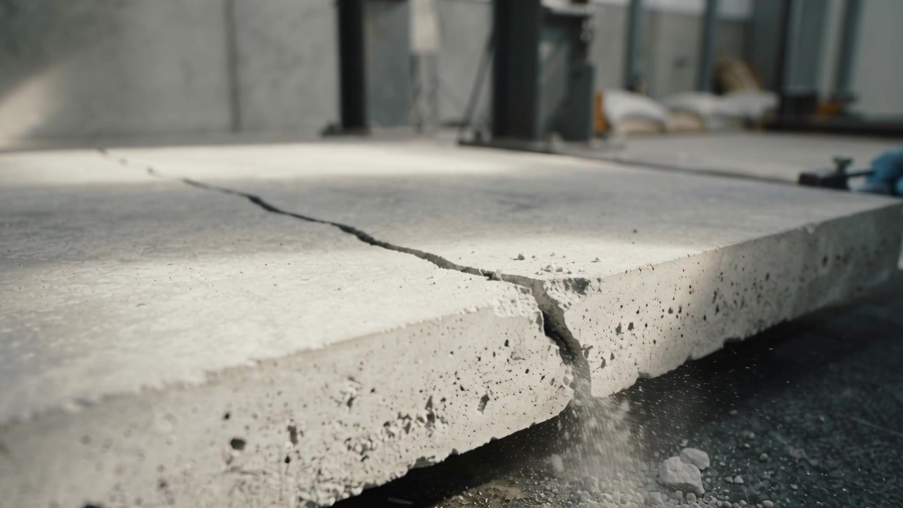 Une dalle de béton se fracture et s'élargit sous un dispositif de test dans un laboratoire de matériaux, une main gantée appliquant une tige.