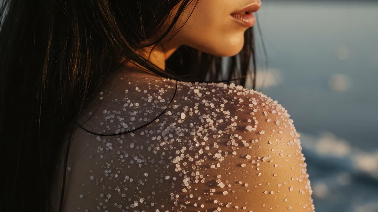 Captivating Close-Up of a Woman with Salt Crystals on Her Exposed Skin, Set Against a Serene Ocean Background in a Softly Lit Atmosphere
