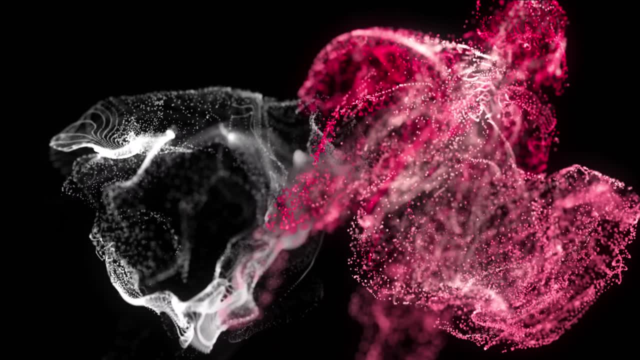Animation of red and white particles moving on black background
