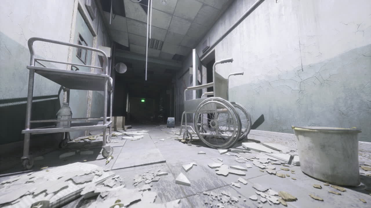 Abandoned hospital corridor with debris and old equipment during daytime