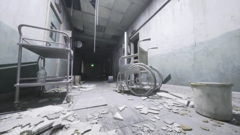 abandoned hospital corridor with debris and old equipment during daytime