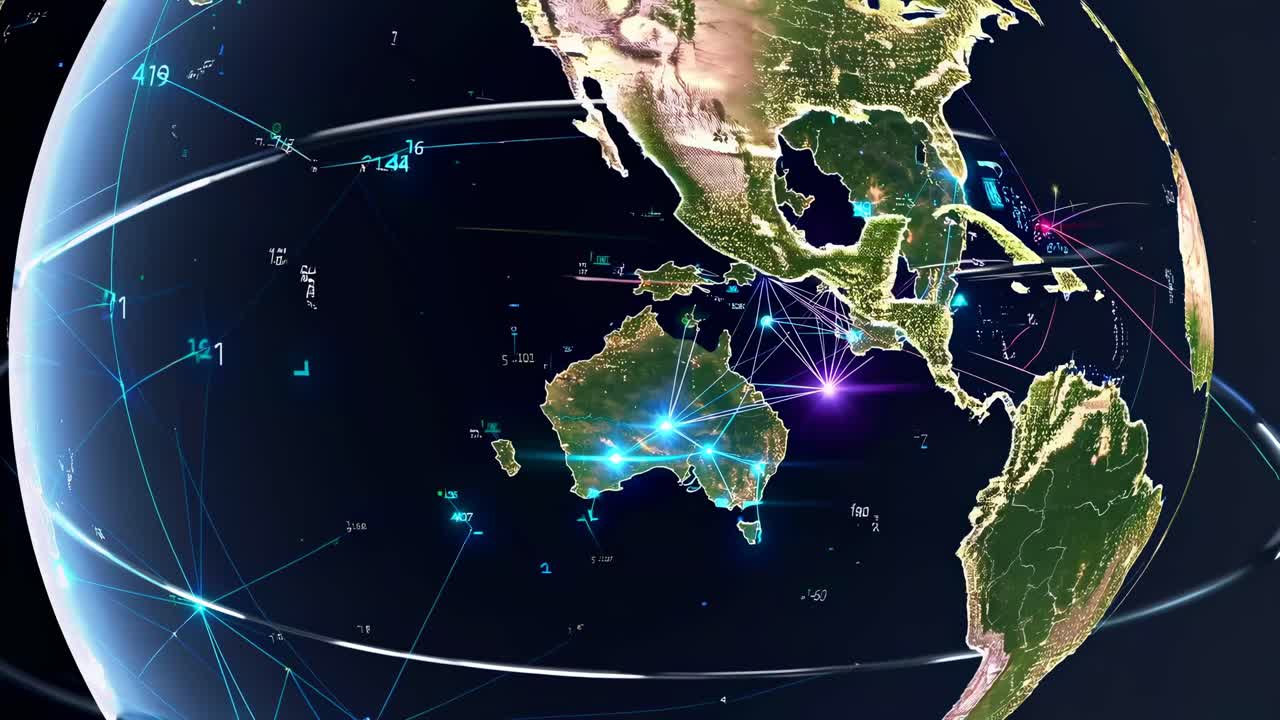 Vista aérea en vídeo de una Tierra digital con continentes resaltados y líneas de red