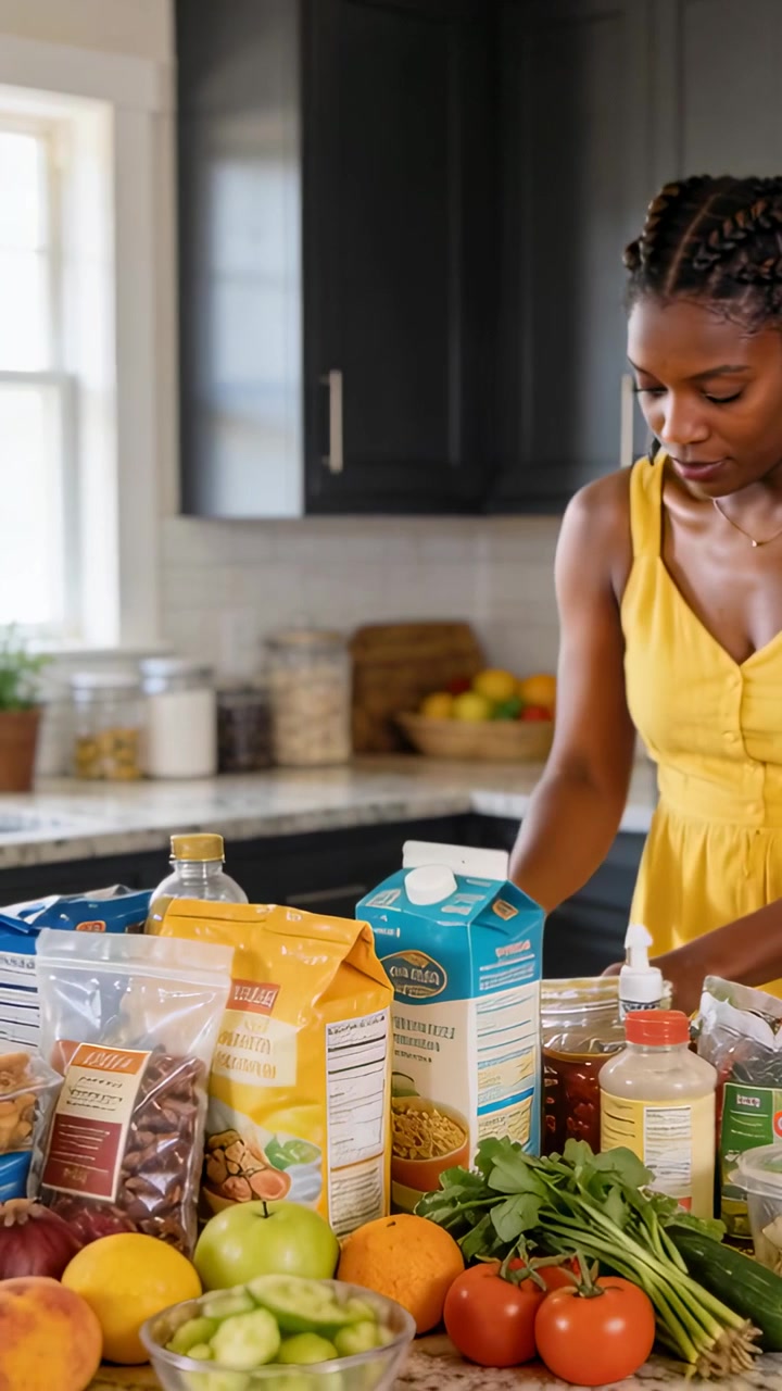 Vertical video: Groceries spurring woman in yellow dress sorting milk, jars in kitchen, copy space