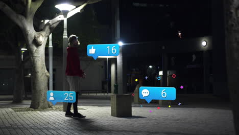 social media notifications animation over person walking in urban night setting