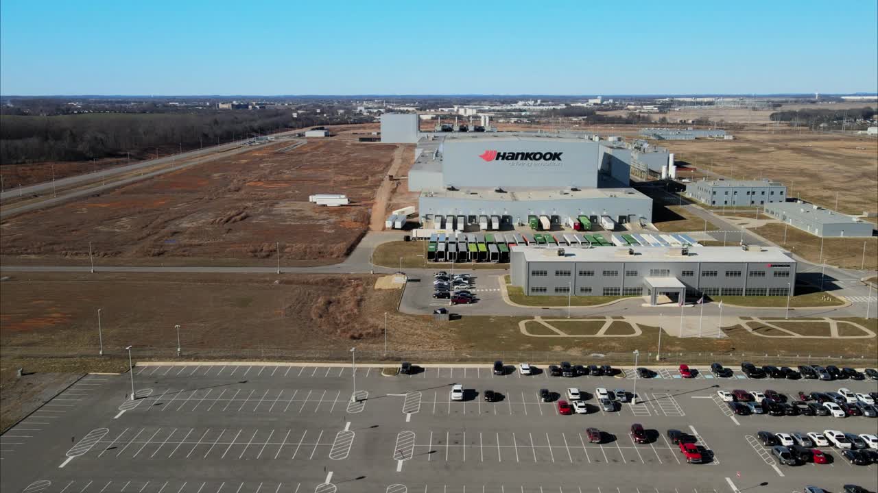 Aerial drone vertigo shot of the Hankook Tire manufacturing plant located in Clarksville, Tennessee