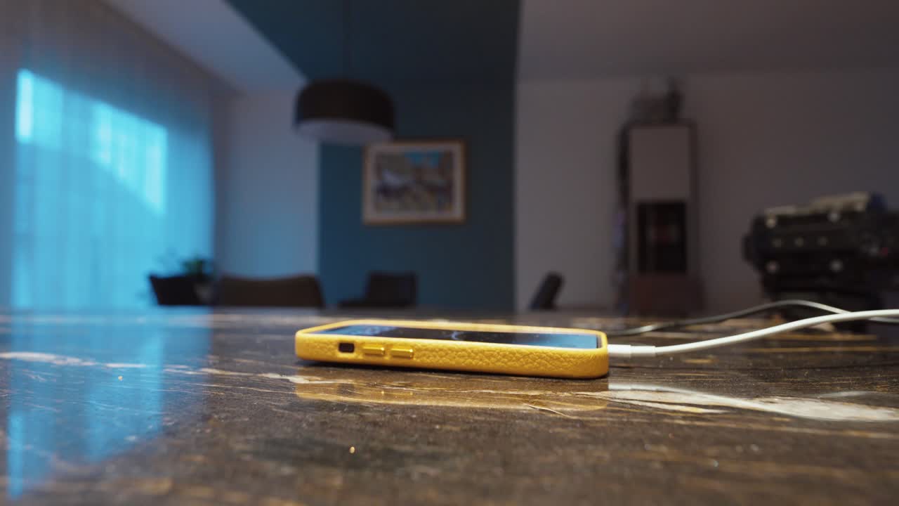 Close-up of a hand plugging a smartphone into a charger on a table at home. Everyday technology use and modern lifestyle