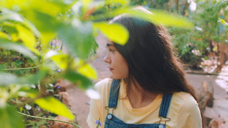 nature, relax and young girl in garden enjoy fresh