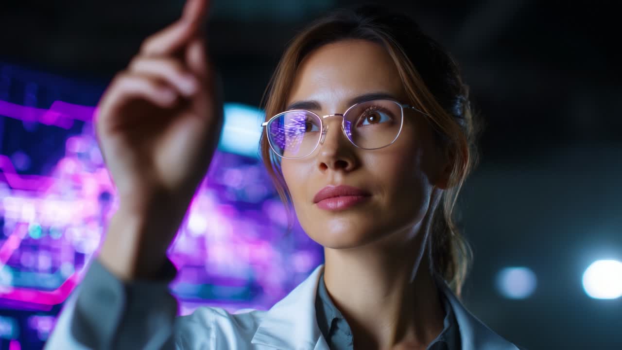 Una scienziata concentrata in un ambiente di laboratorio, che indossa gli occhiali, è impegnata in una ricerca avanzata, con display digitali che mostrano grafica e dati high-tech, mettendo in evidenza innovazione e tecnologia