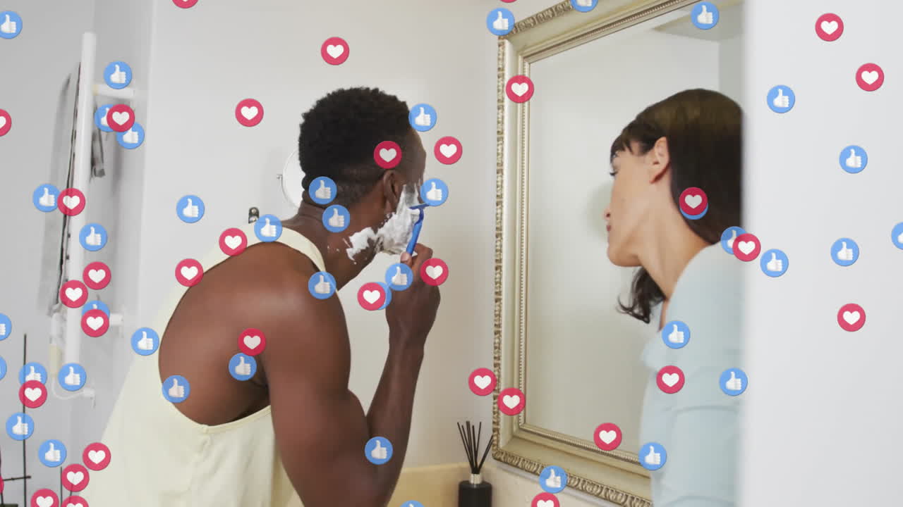 Man shaving with razor at sink, displaying floating heart and thumbs-up icons for health