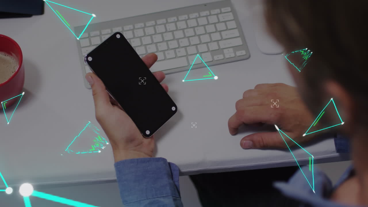 Animation of triangles and data processing over man using smartphone